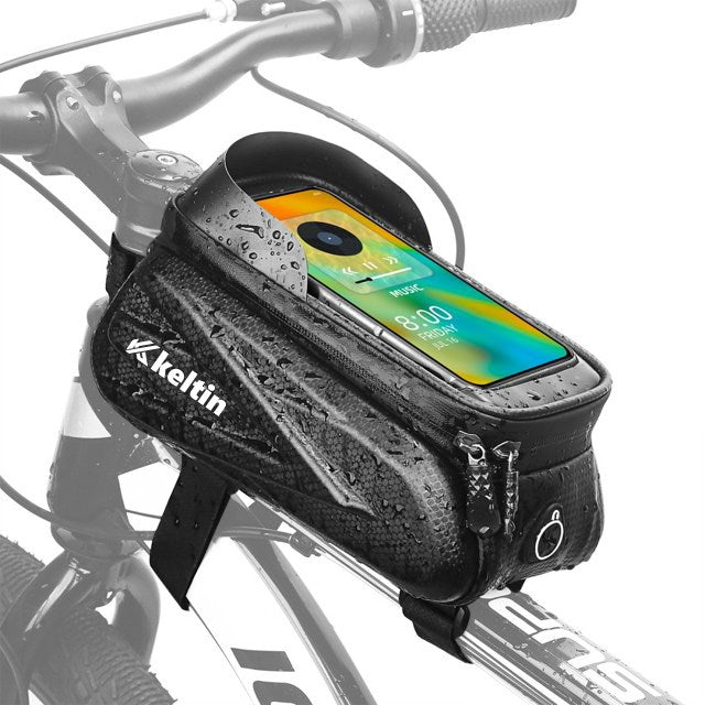 Waterdichte klittenband fietskaderzak met telefoonhouder