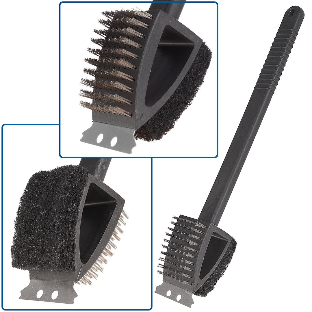 3-in-1 barbecueborstel met schraper en spons