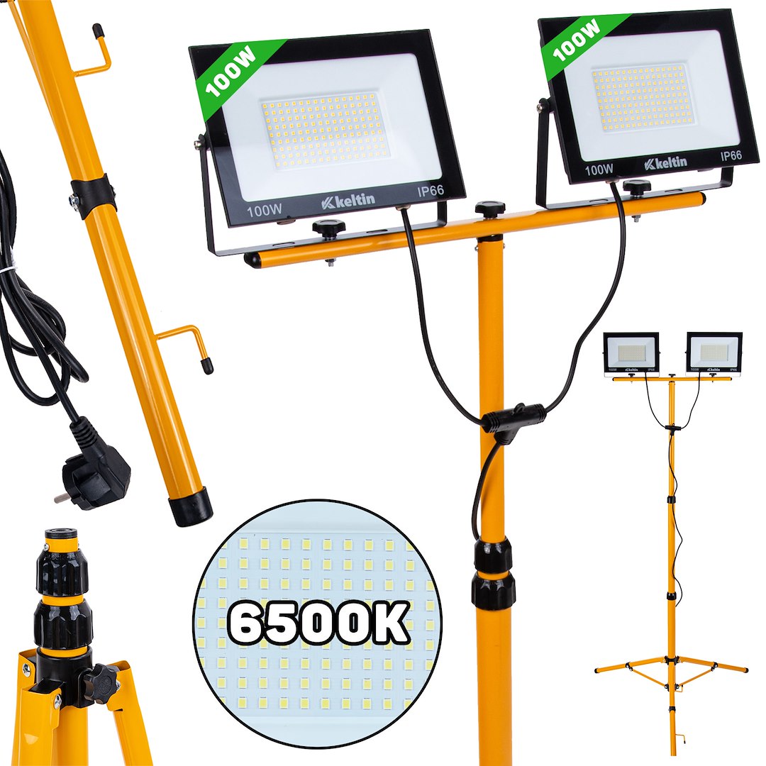 LED-schijnwerper 2x100W met telescoop-bouwstatief – koud wit 6500K