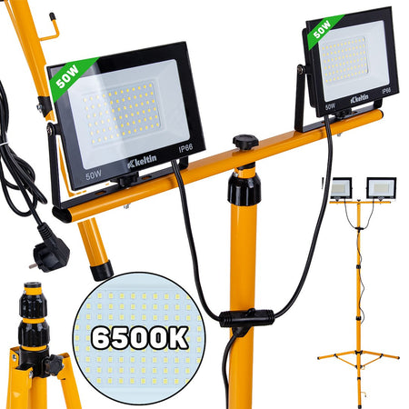LED-schijnwerper 2x50W met telescoop-bouwstatief – koud wit 6500K