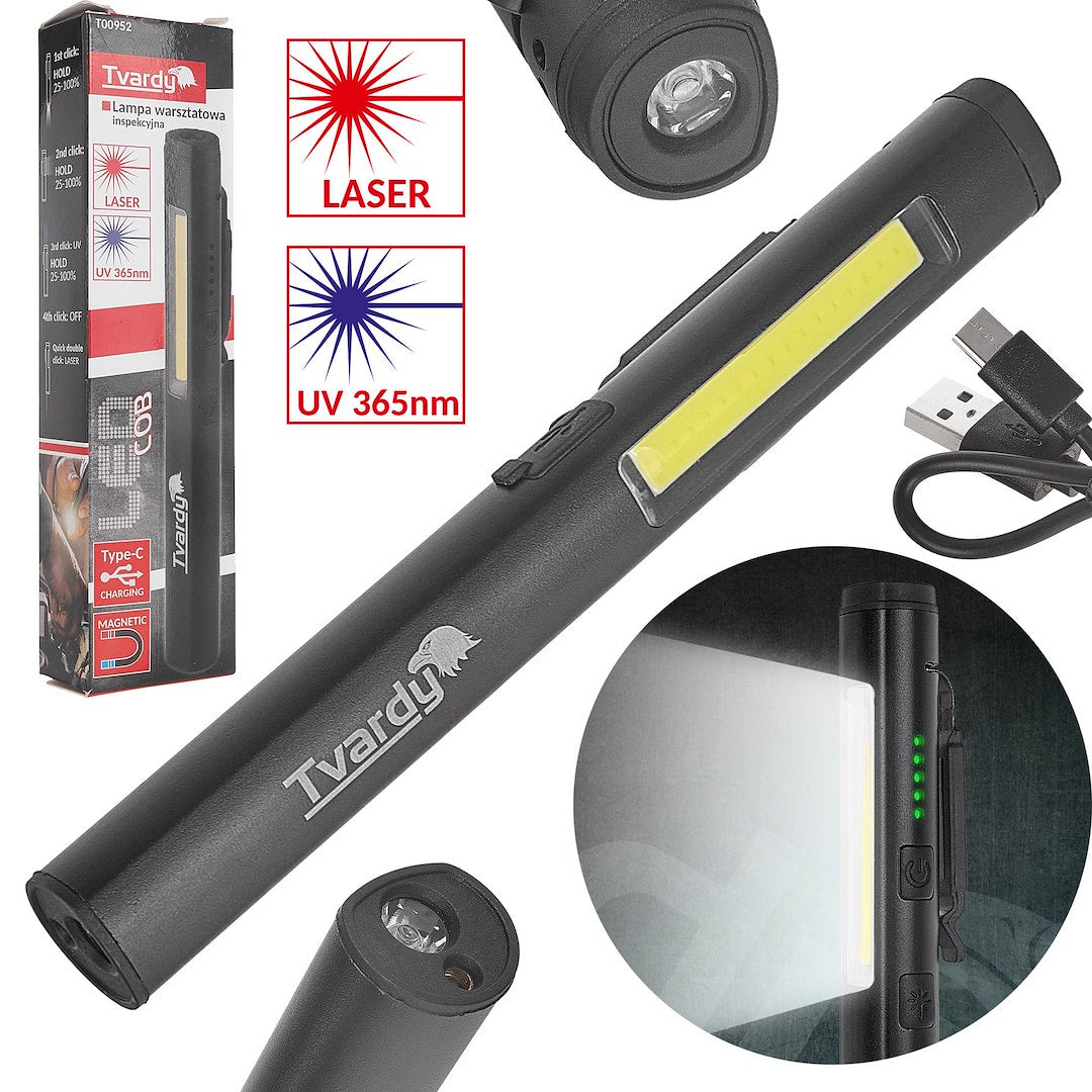 Werkplaatslamp met magneet LED COB 5W + 3W UV-laser 800mAh 400lm IP44