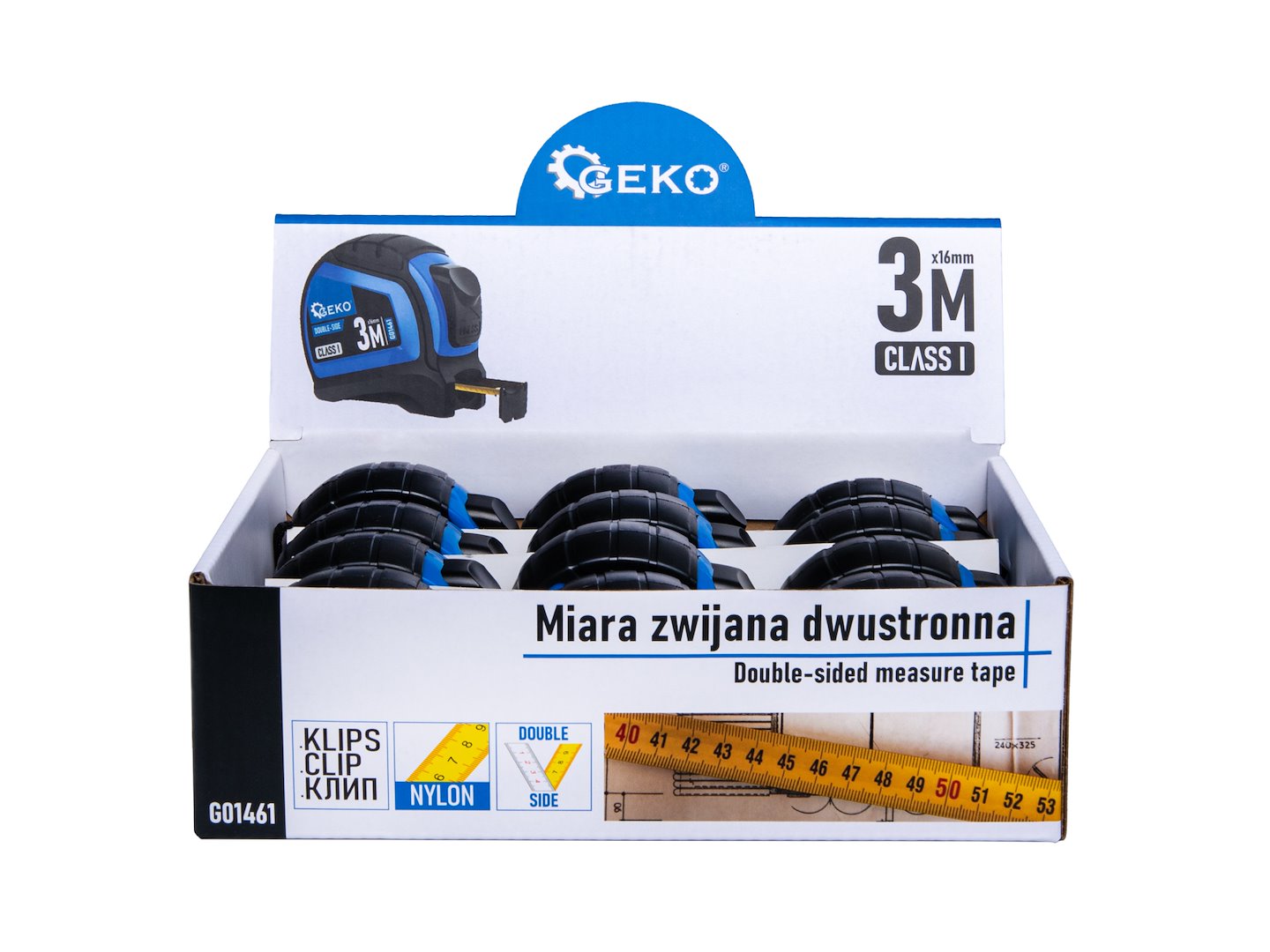 Dubbelzijdige nylon rolmaat met automatische stop 3m/16mm KLASSE I – displaybox