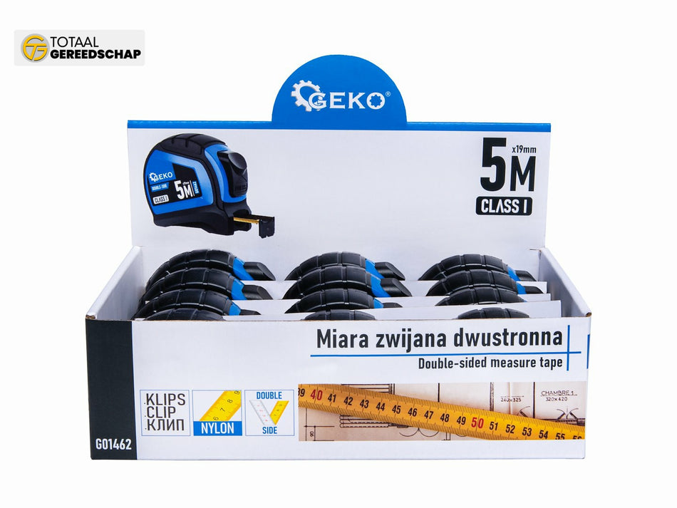 Double-sided nylon measure tape with auto-stop 5m/19mm CLASS I – display box