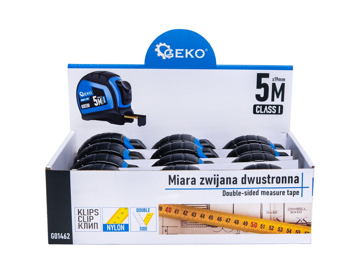 Dubbelzijdige nylon rolmaat met automatische stop 5m/19mm KLASSE I – displaybox