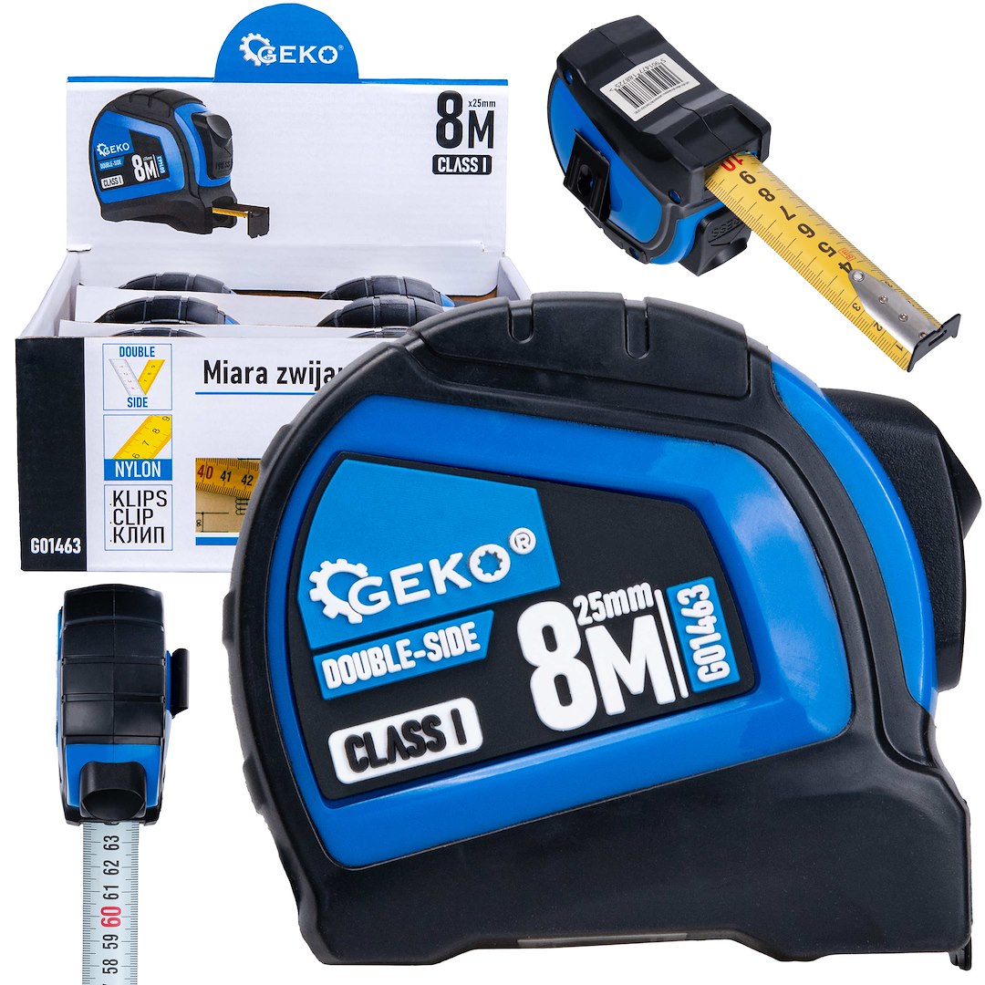 Dubbelzijdige nylon rolmaat met automatische stop 8m/25mm KLASSE I – displaybox