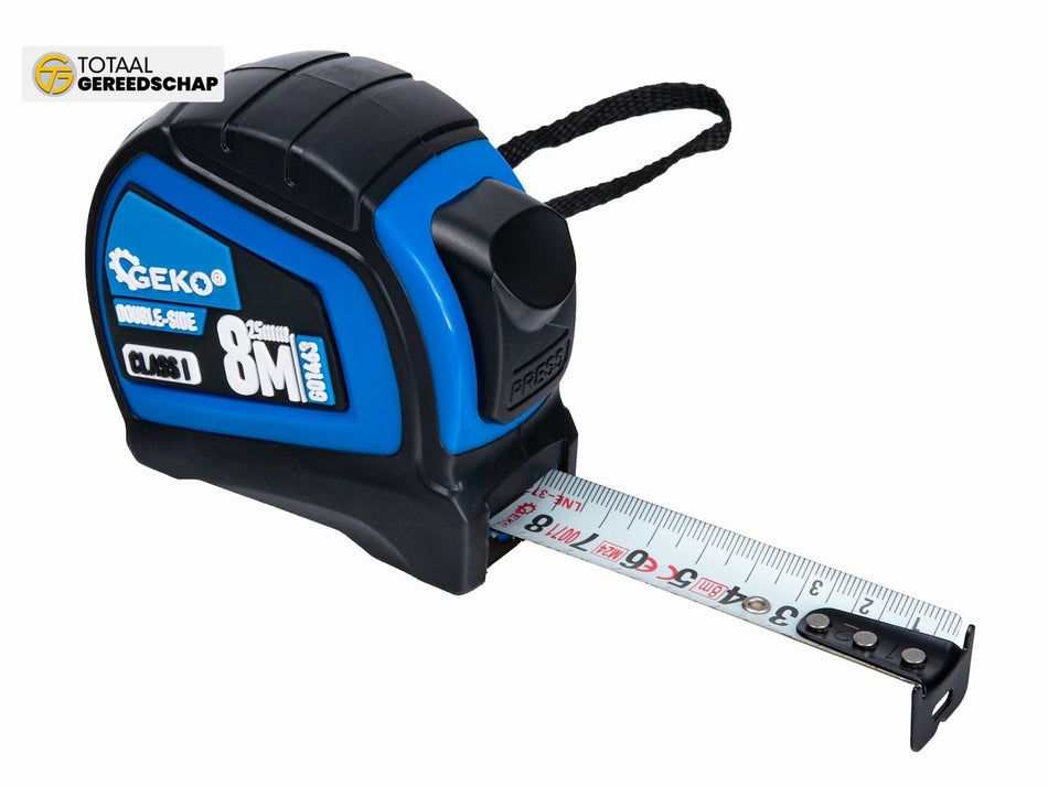 Double-sided nylon measure tape with auto-stop 8m/25mm CLASS I – display box