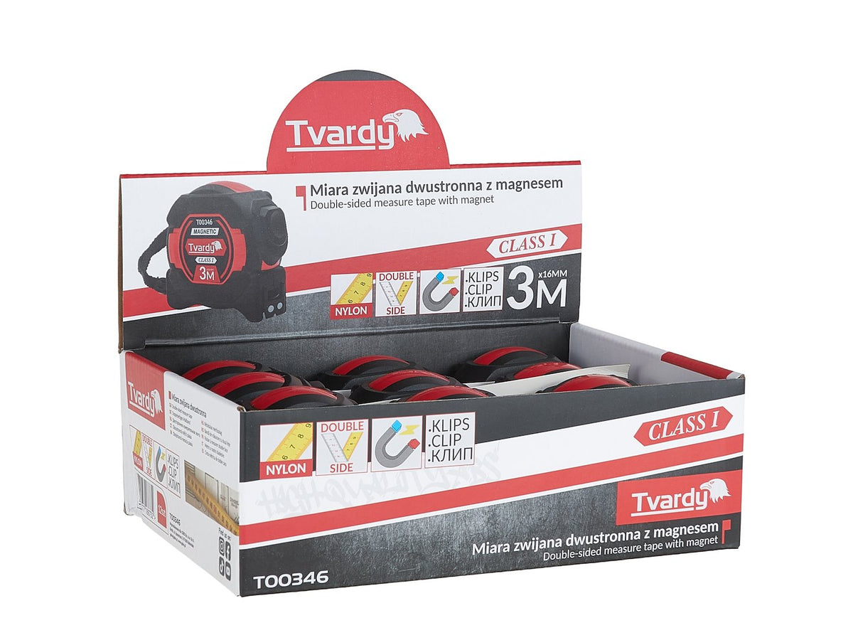 Dubbelzijdige nylon rolmaat met magneet en automatische stop 3m/16mm KLASSE I – displaybox