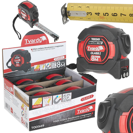 Dubbelzijdige nylon rolmaat met magneet en automatische stop 8m/25mm KLASSE I – displaybox