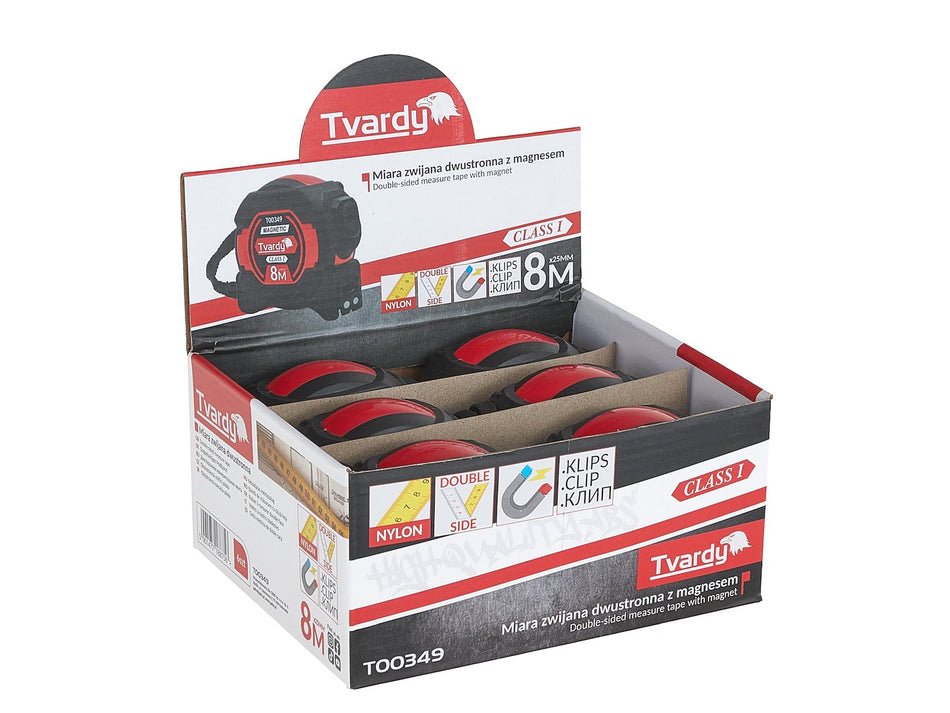 Dubbelzijdige nylon rolmaat met magneet en automatische stop 8m/25mm KLASSE I – displaybox
