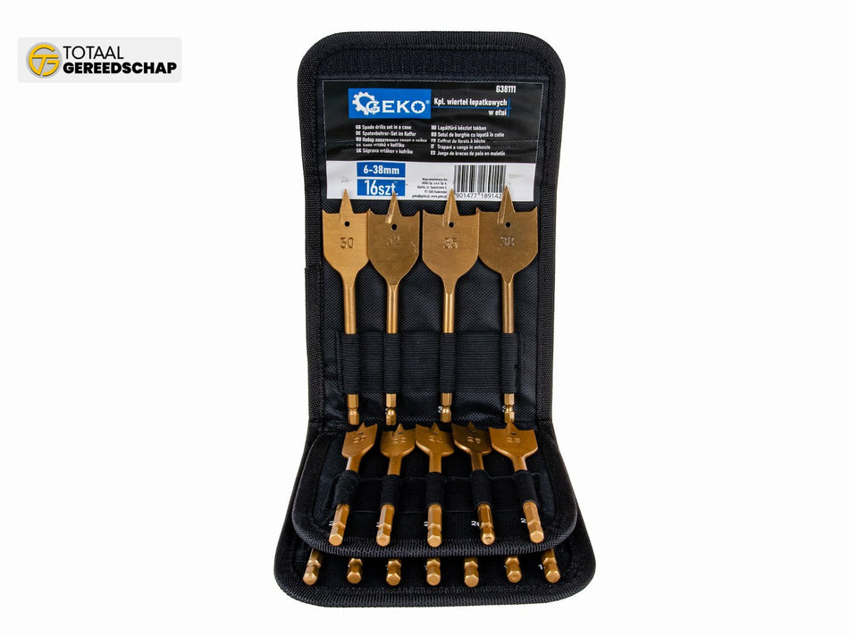 16pcs spade drills set in a case 6-38mm