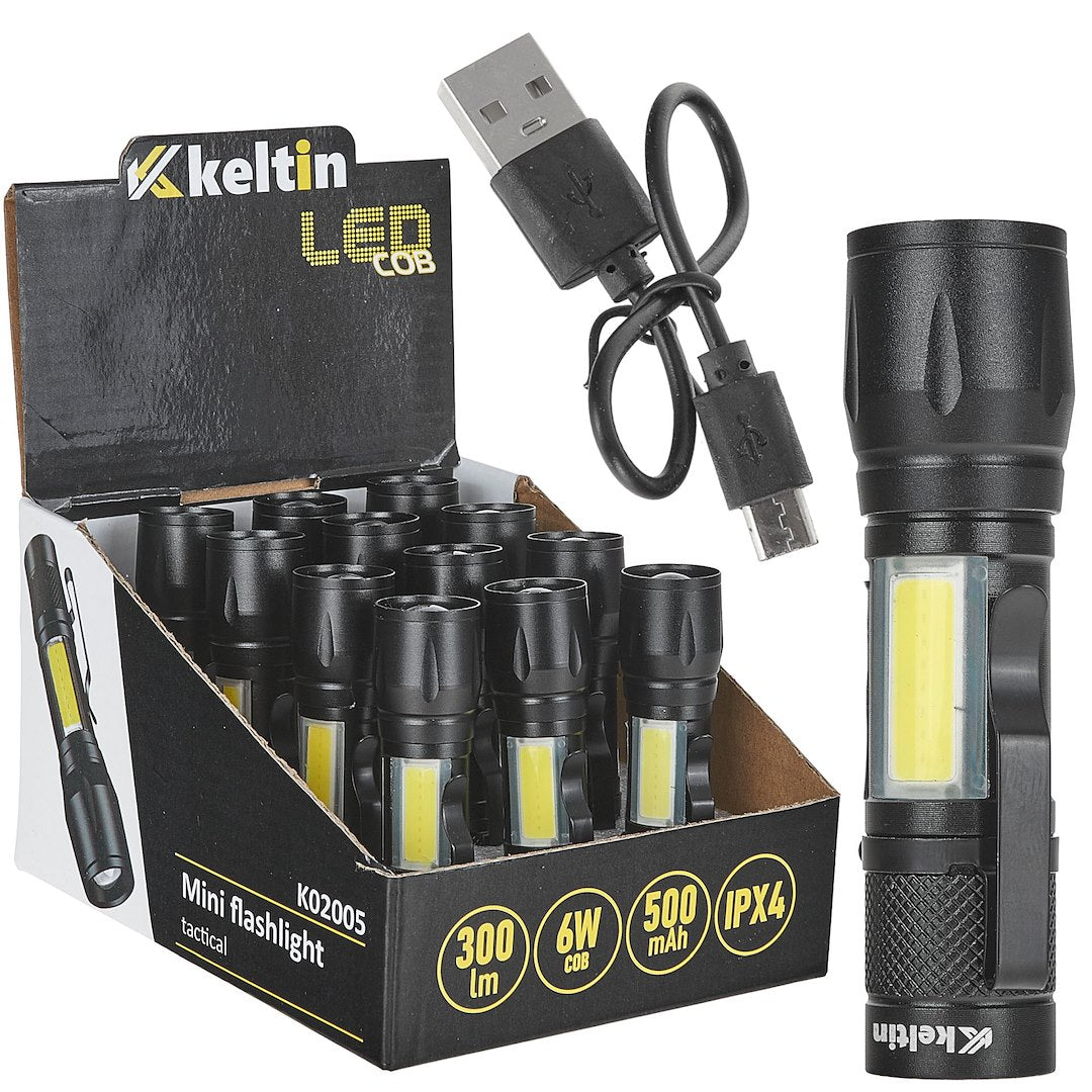 Mini tactische zaklamp LED COB 10W 500mAh 500lm IPX5 – displaydoos