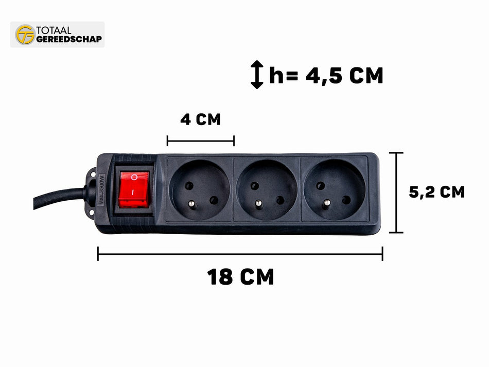 Black extension cord with switch 3 sockets 3m