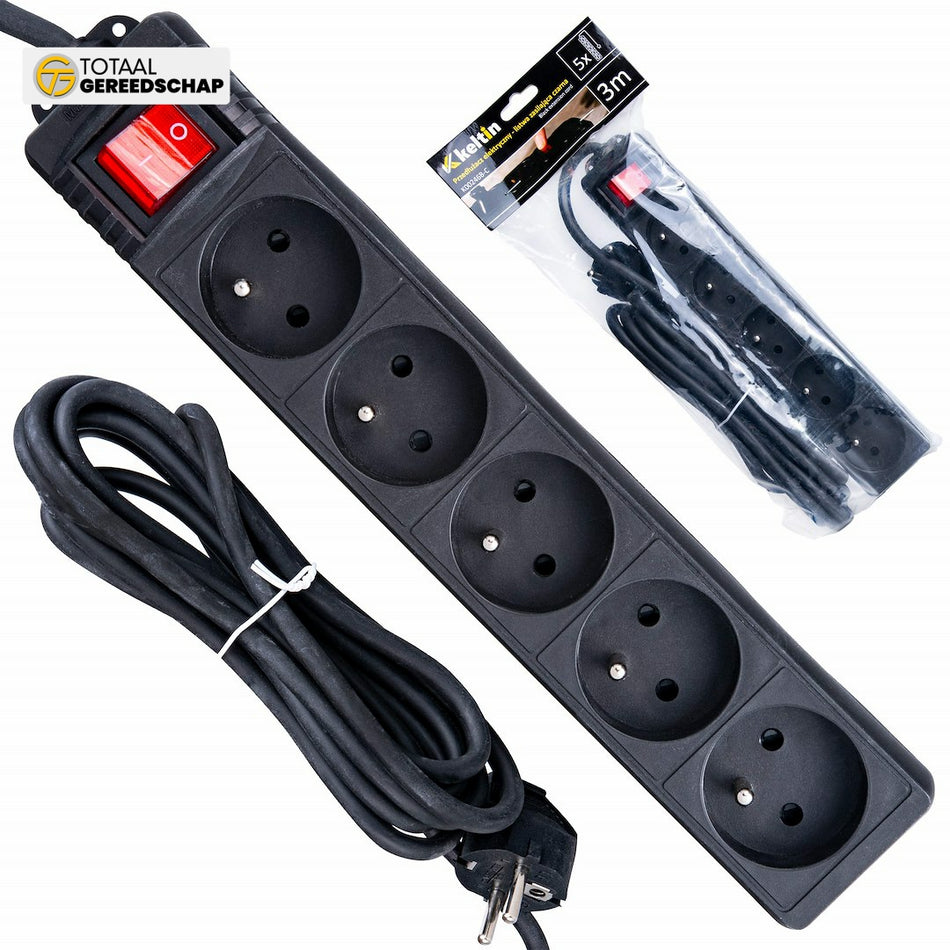 Black extension cord with switch 5 sockets 3m