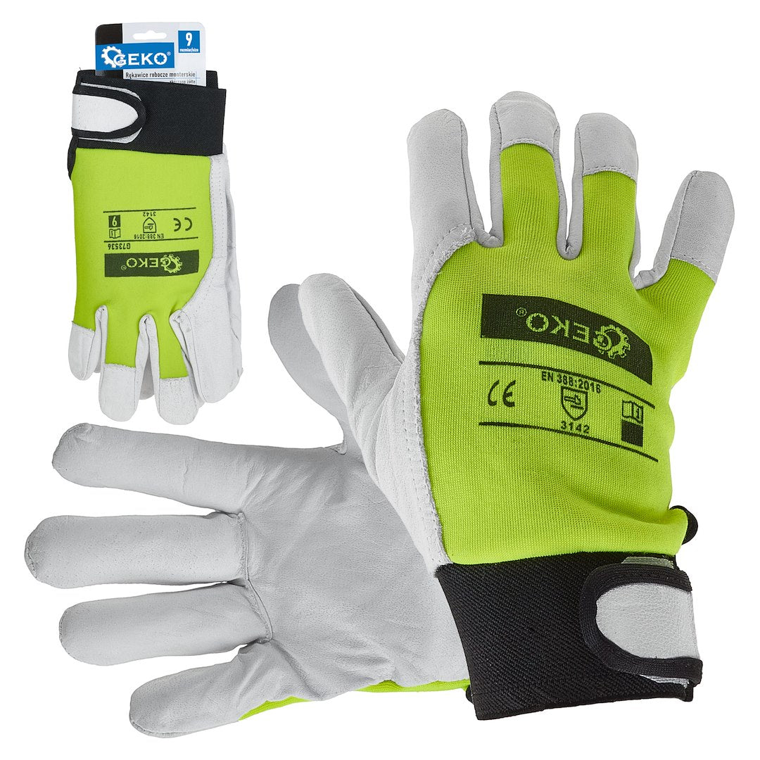 Geitenleren gele handschoenen, elastische katoenen achterkant, klittenbandsluiting mt.10
