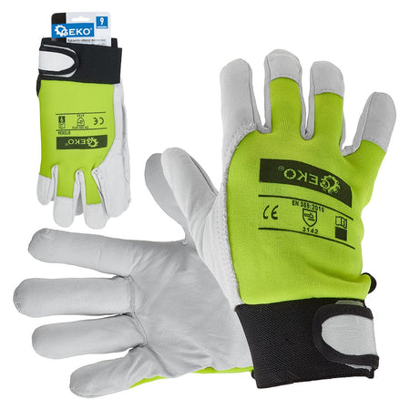 Geitenleren gele handschoenen, elastische katoenen achterkant, klittenbandsluiting mt.10
