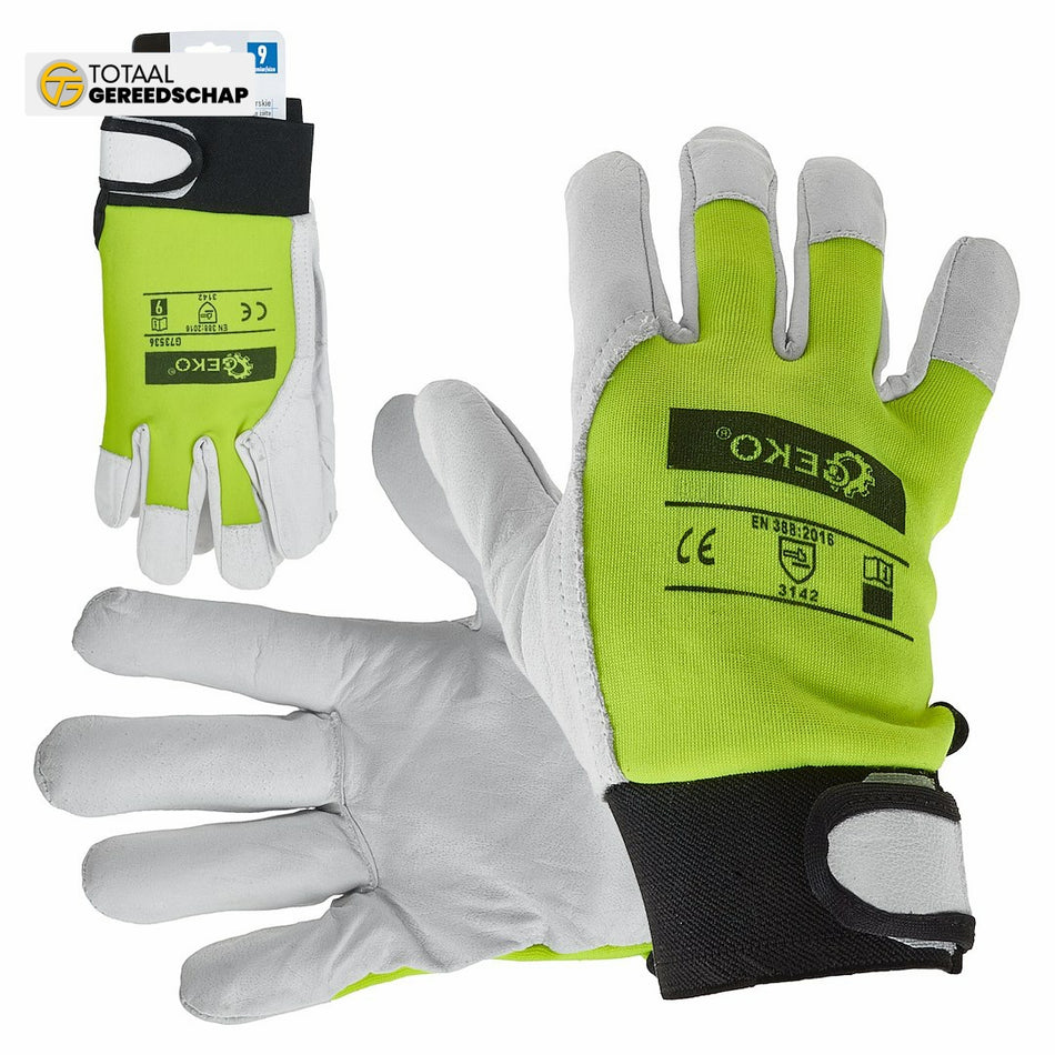 Goat leather yellow gloves, elastic cotton back, velcro cuff s.9