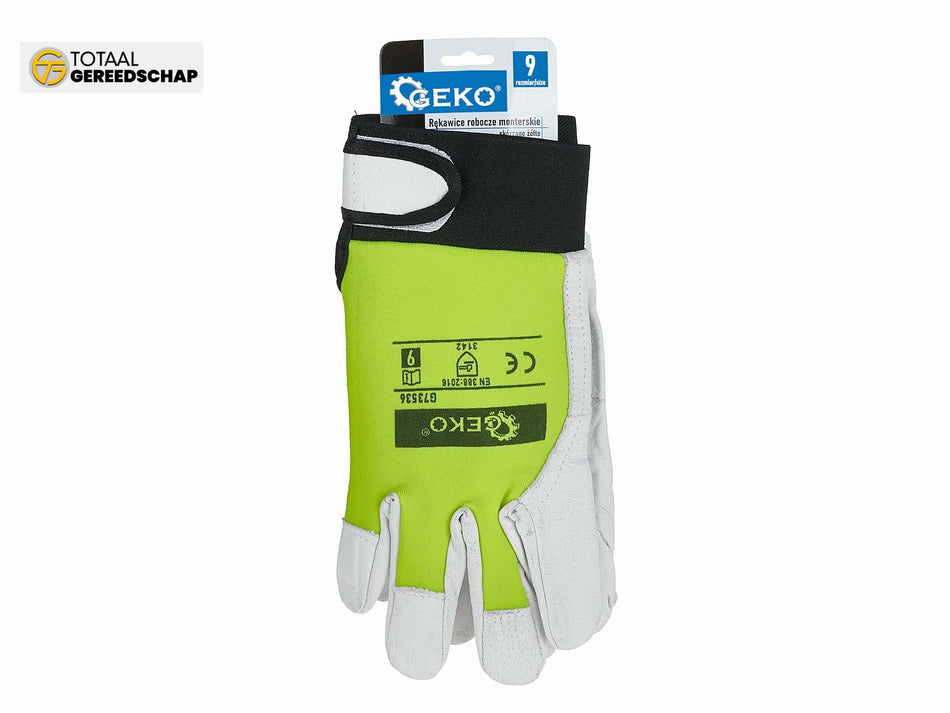 Goat leather yellow gloves, elastic cotton back, velcro cuff s.9