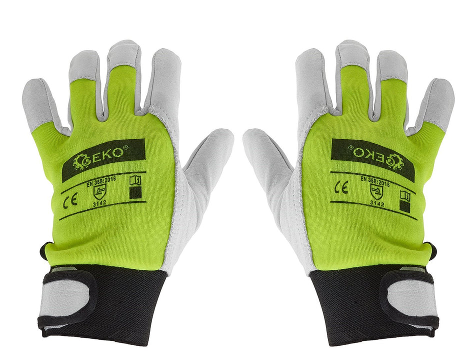 Geitenleren rode handschoenen, elastische katoenen achterkant, klittenband manchet maat 8