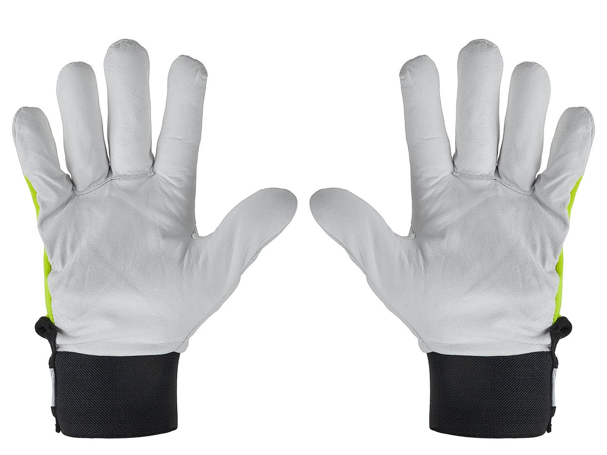Geitenleren rode handschoenen, elastische katoenen achterkant, klittenband manchet maat 8