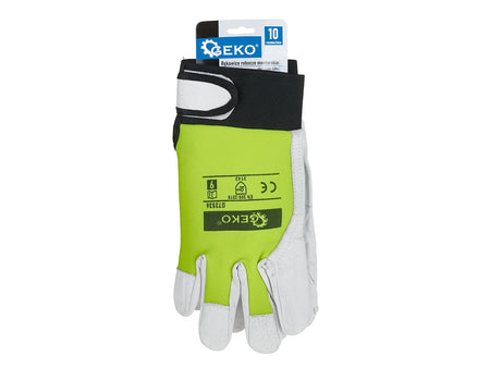 Geitenleren rode handschoenen, elastische katoenen achterkant, klittenband manchet maat 8