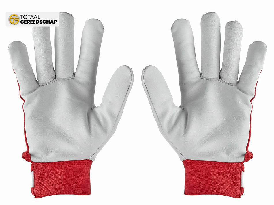 Goat leather red gloves, elastic cotton back, velcro cuff s.8