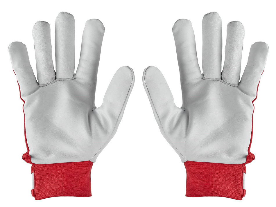 Geitenleren rode handschoenen, elastische katoenen achterkant, klittenband manchet maat 10
