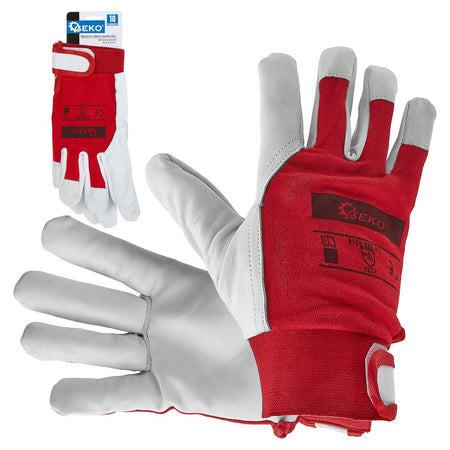 Geitenleren rode handschoenen, elastische katoenen achterkant, klittenband manchet maat 11
