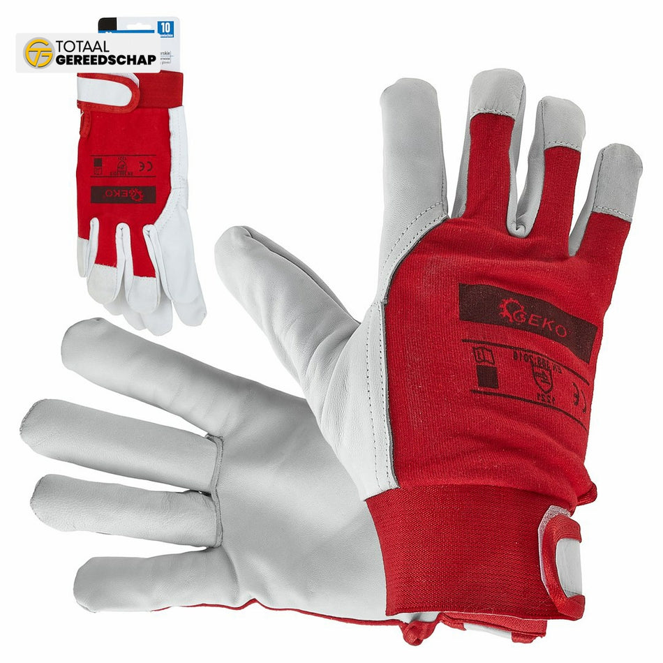 Goat leather red gloves, elastic cotton back, velcro cuff s.10