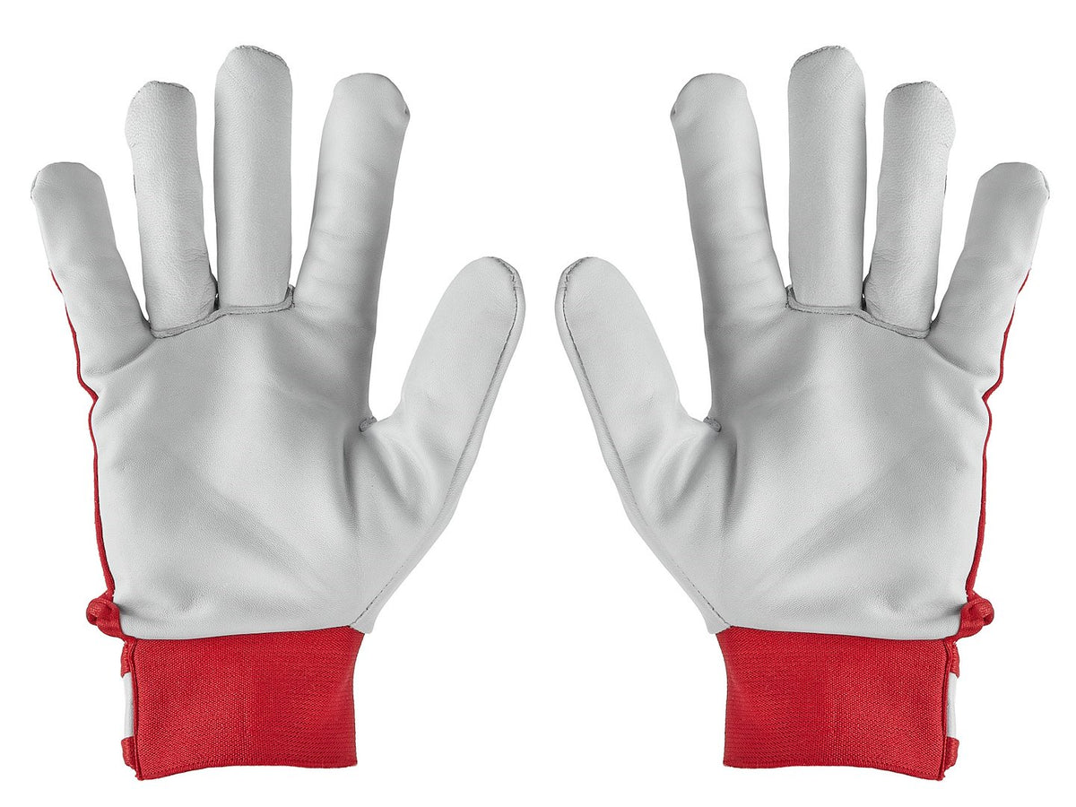 Geitenleren rode handschoenen, elastische katoenen achterkant, klittenband manchet maat 11