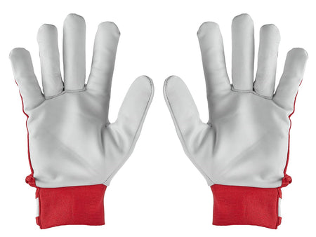 Geitenleren rode handschoenen, elastische katoenen achterkant, klittenband manchet maat 11