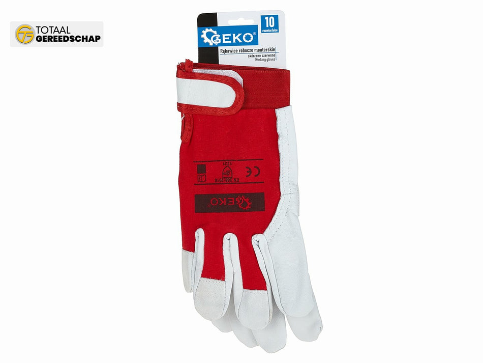 Goat leather red gloves, elastic cotton back, velcro cuff s.10