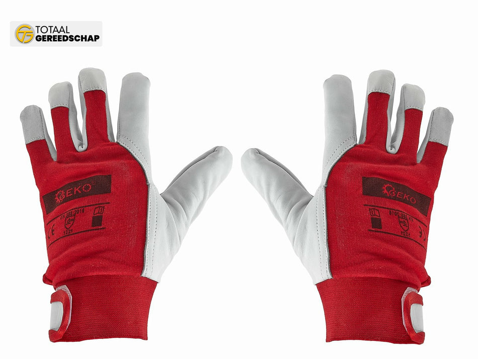 Goat leather red gloves, elastic cotton back, velcro cuff s.11