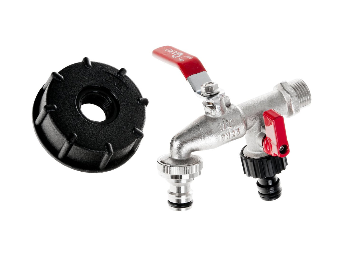 Set – IBC-dop S60x6 + dubbele kraan 1/2" met uitlaten naar IG 3/4" + twee nippels voor snelkoppelingen – mauser