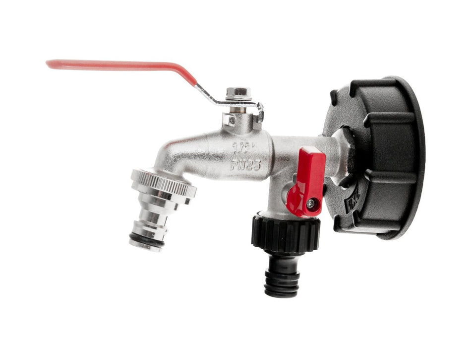 Set – IBC-dop S60x6 + dubbele kraan 1/2" met uitlaten naar IG 3/4" + twee nippels voor snelkoppelingen – mauser