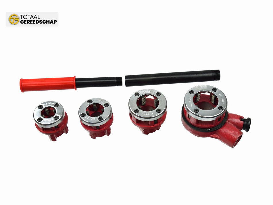 Ratelbuisschroefdraadset 4-delig van 1/2 tot 1-1/4 inch.