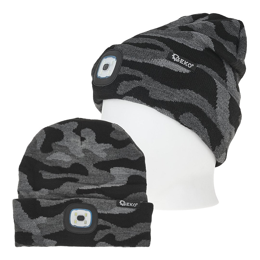 Oplaadbare wintermuts met LED-lamp (grijs camouflage)