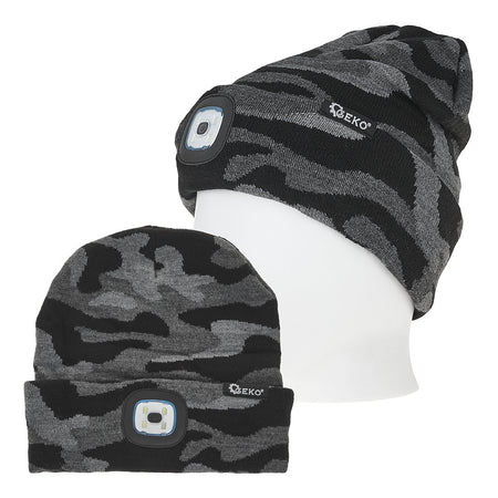 Oplaadbare wintermuts met LED-lamp (grijs camouflage)