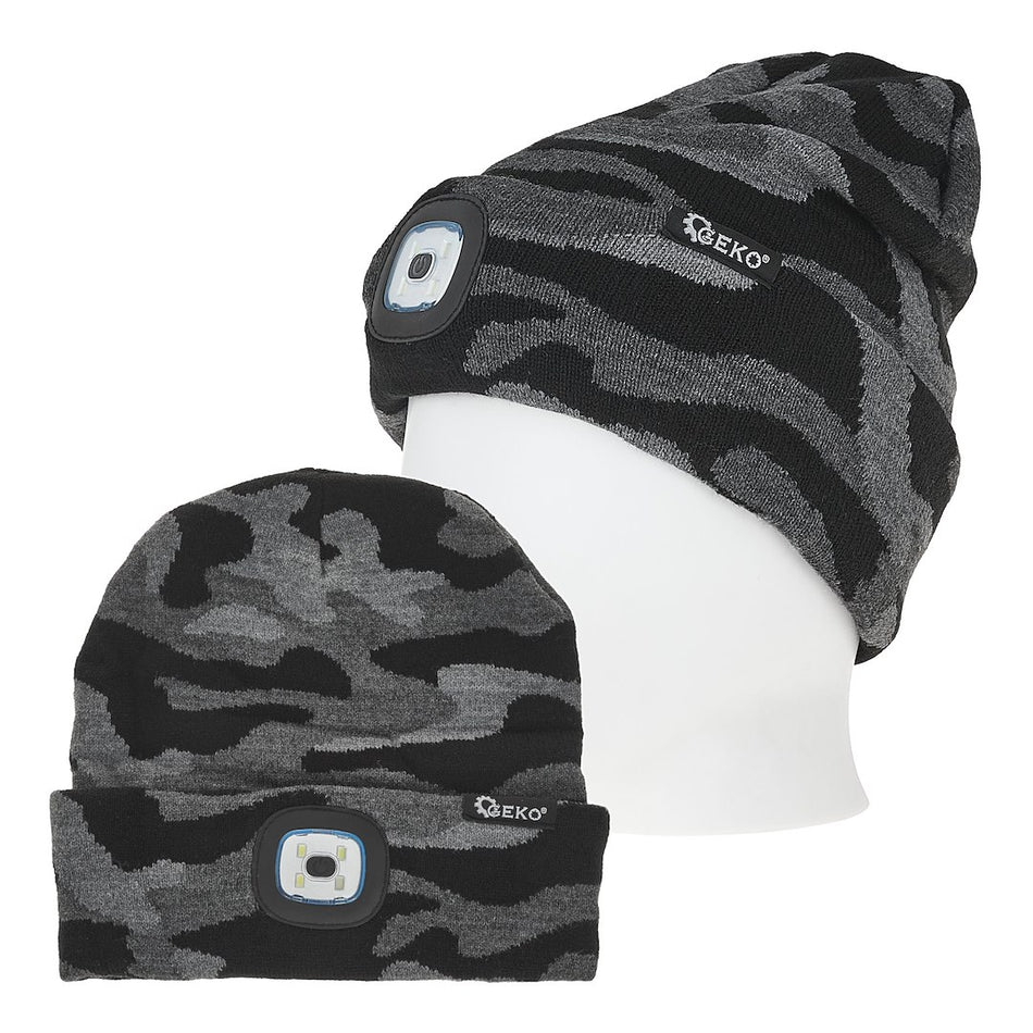 Oplaadbare wintermuts met LED-lamp (grijs camouflage)