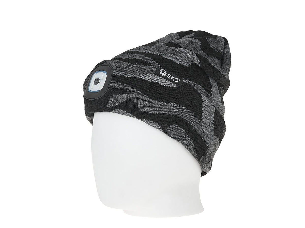 Oplaadbare wintermuts met LED-lamp (grijs camouflage)
