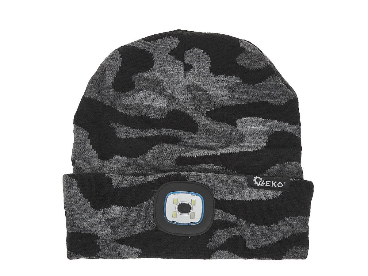 Oplaadbare wintermuts met LED-lamp (grijs camouflage)