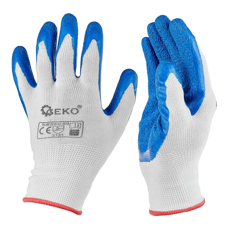 Beschermhandschoenen polyester maat 7 /latex wit-blauw/