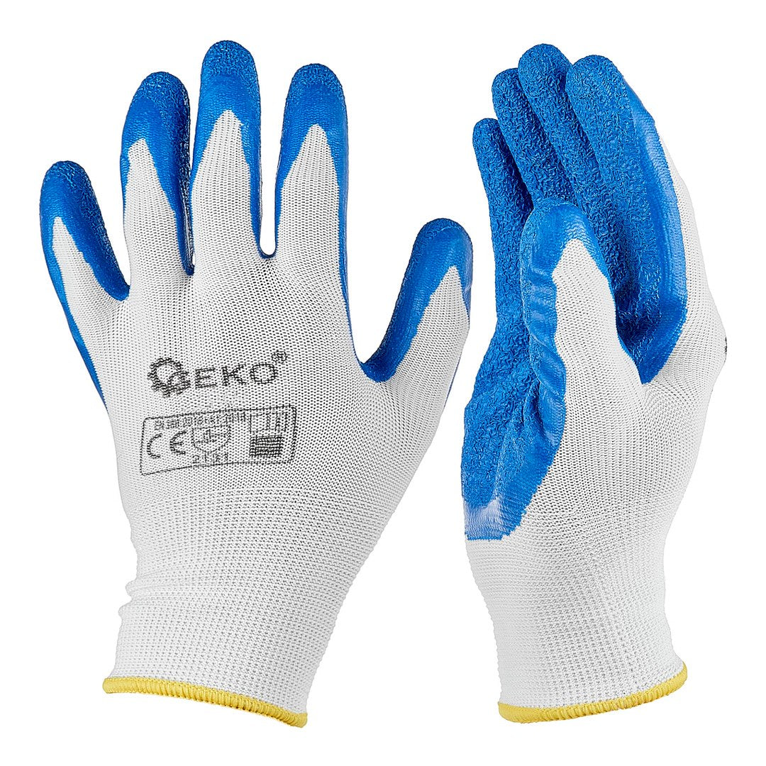 Beschermhandschoenen polyester maat 8 /latex wit-blauw/
