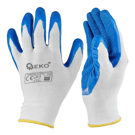 Beschermhandschoenen polyester maat 8 /latex wit-blauw/