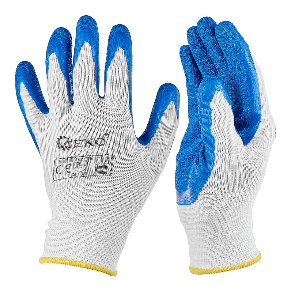 Beschermhandschoenen polyester maat 8 /latex wit-blauw/