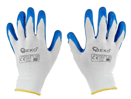 Beschermhandschoenen polyester maat 8 /latex wit-blauw/
