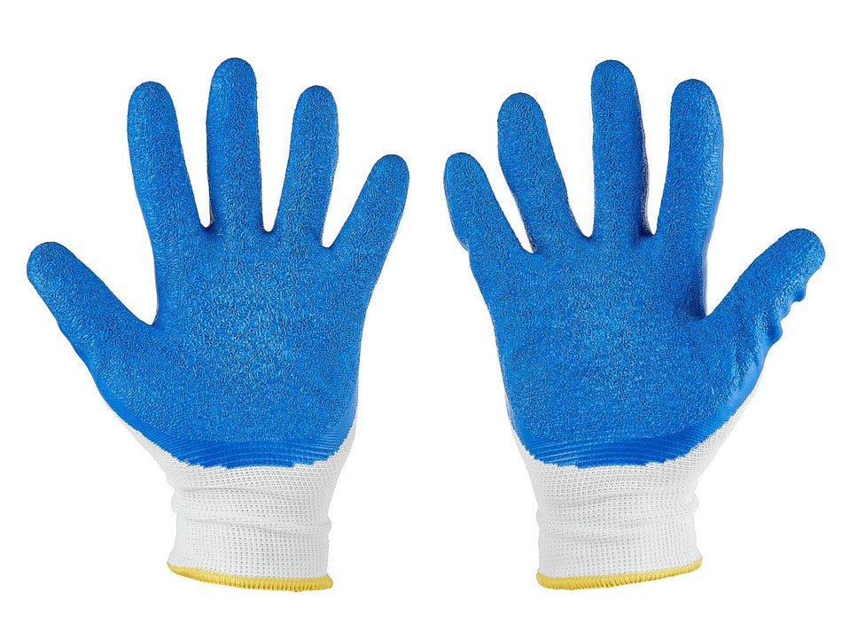 Beschermhandschoenen polyester maat 8 /latex wit-blauw/