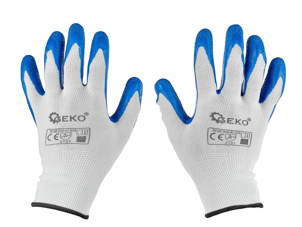 Beschermhandschoenen polyester maat 10 /latex wit-blauw/