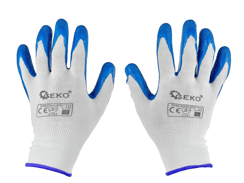 Beschermhandschoenen polyester maat 11 /latex wit-blauw/