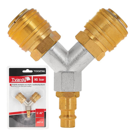 Messing lucht mannetje 2-weg splitter 1/4" met snelkoppelingen