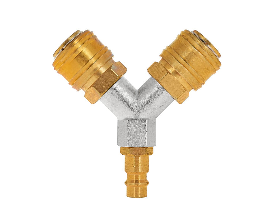 Messing lucht mannetje 2-weg splitter 1/4" met snelkoppelingen
